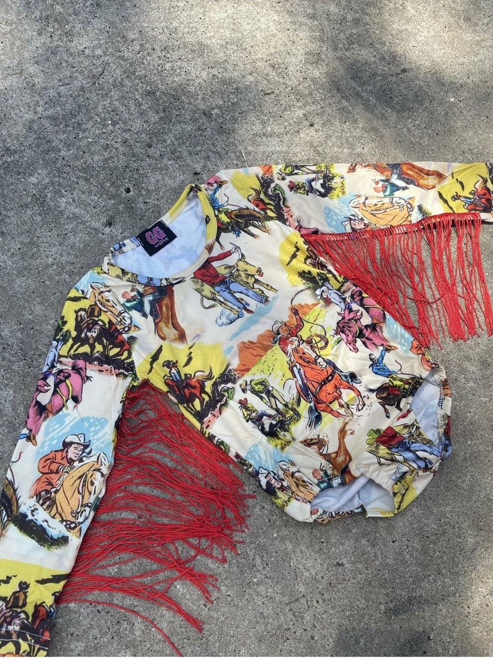 Western Fringe Graphic Top with Red Fringe